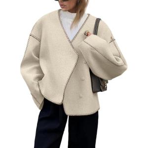 imageCicy Bell Womens Cropped Pea Coat Oversized Wool Blend Fall Coats V Neck Embroidered Short JacketsLight Khaki