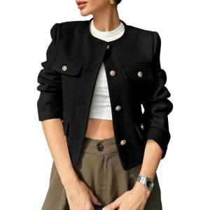 imageCicy Bell Womens Cropped Tweed Blazer Jackets Collarless Button Down Business Casual Outfits with PocketsBlack