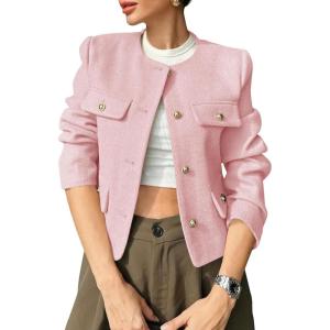 imageCicy Bell Womens Cropped Tweed Blazer Jackets Collarless Button Down Business Casual Outfits with PocketsPink