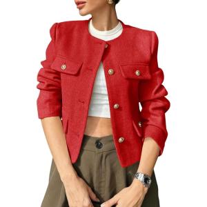 imageCicy Bell Womens Cropped Tweed Blazer Jackets Collarless Button Down Business Casual Outfits with PocketsRed