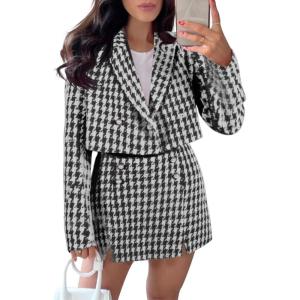 imageCicy Bell Womens Cropped Tweed Blazer Sets 2 Piece Outfits and Mini Skirt Sets Business Casual SuitsBlack