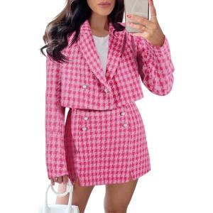 imageCicy Bell Womens Cropped Tweed Blazer Sets 2 Piece Outfits and Mini Skirt Sets Business Casual SuitsBright Pink