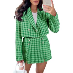 imageCicy Bell Womens Cropped Tweed Blazer Sets 2 Piece Outfits and Mini Skirt Sets Business Casual SuitsGreen