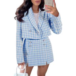 imageCicy Bell Womens Cropped Tweed Blazer Sets 2 Piece Outfits and Mini Skirt Sets Business Casual SuitsLight Blue