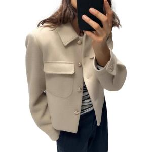 imageCicy Bell Womens Cropped Wool Coats Lapel Collar Button Down Fall Jackets Lightweight Short Pea CoatsCamel Apricot