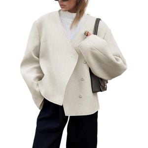 imageCicy Bell Womens Cropped Wool Jackets Fall V Neck Short Pea Coats Single Breasted Outerwear Winter OutfitsBeige