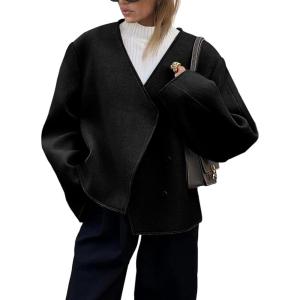 imageCicy Bell Womens Cropped Wool Jackets Fall V Neck Short Pea Coats Single Breasted Outerwear Winter OutfitsBlack