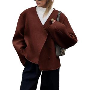 imageCicy Bell Womens Cropped Wool Jackets Fall V Neck Short Pea Coats Single Breasted Outerwear Winter OutfitsCoffee