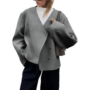 imageCicy Bell Womens Cropped Wool Jackets Fall V Neck Short Pea Coats Single Breasted Outerwear Winter OutfitsGrey
