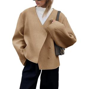 imageCicy Bell Womens Cropped Wool Jackets Fall V Neck Short Pea Coats Single Breasted Outerwear Winter OutfitsKhaki