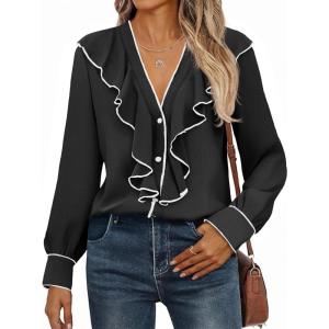 imageCicy Bell Womens Dressy Casual Blouse Chiffon Ruffle V Neck Long Sleeve Tops Button Down ShirtsBlack