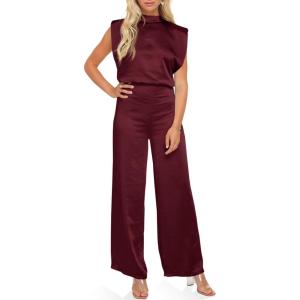 imageCicy Bell Womens Elegant Satin Jumpsuits Sleeveless Wide Leg Wedding Guest Cocktail Long Pants RompersBurgundy