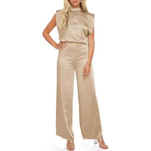 imageCicy Bell Womens Elegant Satin Jumpsuits Sleeveless Wide Leg Wedding Guest Cocktail Long Pants RompersKhaki