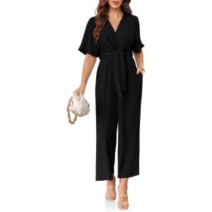 imageCicy Bell Womens Elegant V Neck Jumpsuits Dressy Casual Short Sleeve Wide Leg Long Pants RompersBlack