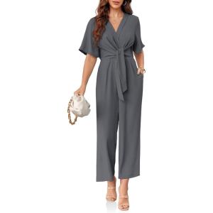 imageCicy Bell Womens Elegant V Neck Jumpsuits Dressy Casual Short Sleeve Wide Leg Long Pants RompersDark Grey