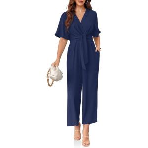 imageCicy Bell Womens Elegant V Neck Jumpsuits Dressy Casual Short Sleeve Wide Leg Long Pants RompersNavy