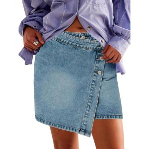 imageCicy Bell Womens Jean Skirts Casual Wrap Button Asymmetrical Hem Summer Denim Mini SkirtBlue