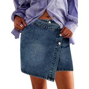 imageCicy Bell Womens Jean Skirts Casual Wrap Button Asymmetrical Hem Summer Denim Mini SkirtNavy