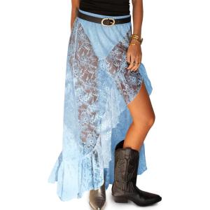 imageCicy Bell Womens Lace Maxi Skirt Summer High Low Asymmetrical Sheer Y2K Sexy Beach Coverup Long SkirtsBlue