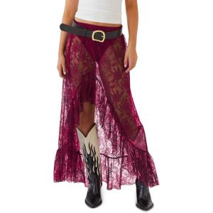 imageCicy Bell Womens Lace Maxi Skirt Summer High Low Asymmetrical Sheer Y2K Sexy Beach Coverup Long SkirtsBurgundy