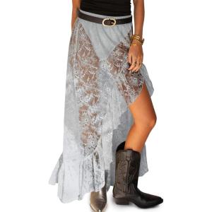 imageCicy Bell Womens Lace Maxi Skirt Summer High Low Asymmetrical Sheer Y2K Sexy Beach Coverup Long SkirtsGery