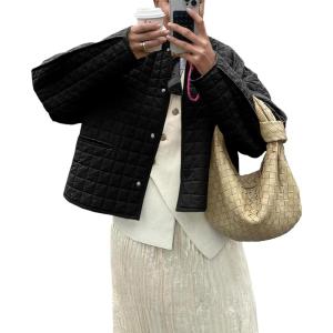 imageCicy Bell Womens Lightweight Quilted Jacket Fall Casual Collarless Puffer Coats Long Sleeve Button Down OuterwearBlack