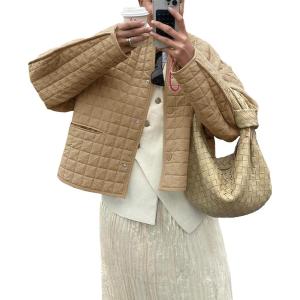 imageCicy Bell Womens Lightweight Quilted Jacket Fall Casual Collarless Puffer Coats Long Sleeve Button Down OuterwearKhaki