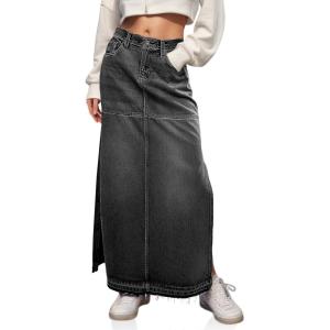 imageCicy Bell Womens Long Denim Skirt Casual Frayed Raw Hem Side Split Vintage Jean Long Skirt with PocketsBlack