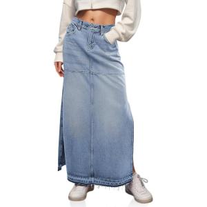 imageCicy Bell Womens Long Denim Skirt Casual Frayed Raw Hem Side Split Vintage Jean Long Skirt with PocketsBlue
