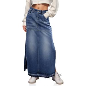 imageCicy Bell Womens Long Denim Skirt Casual Frayed Raw Hem Side Split Vintage Jean Long Skirt with PocketsNavy