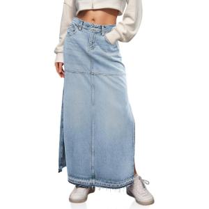 imageCicy Bell Womens Long Denim Skirt Casual Frayed Raw Hem Side Split Vintage Jean Long Skirt with PocketsWash Blue