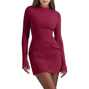 imageCicy Bell Womens Long Sleeve Bodycon Dress Mock Neck Slim Fit Party Cocktail Fall Mini Blazer DressesBurgundy