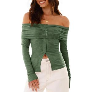 imageCicy Bell Womens Off The Shoulder Tops Cute Long Sleeve Slim Fit Ribbed Ruched Shirt 2024 Fall Y2k ClothesArmy Green