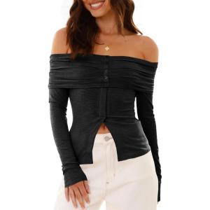imageCicy Bell Womens Off The Shoulder Tops Cute Long Sleeve Slim Fit Ribbed Ruched Shirt 2024 Fall Y2k ClothesBlack