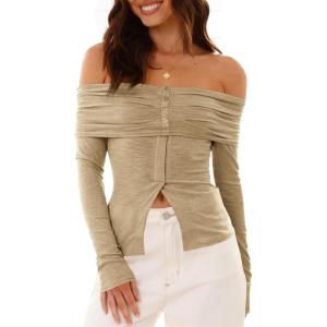 imageCicy Bell Womens Off The Shoulder Tops Cute Long Sleeve Slim Fit Ribbed Ruched Shirt 2024 Fall Y2k ClothesKhaki