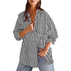 imageCicy Bell Womens Oversized Striped Button Down Shirts Boyfriend Long Sleeve Collared Work BlousesBlack