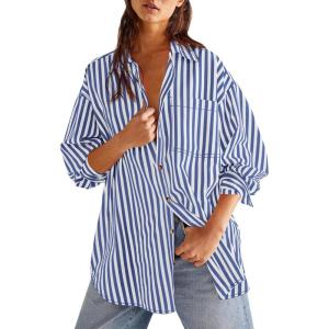 imageCicy Bell Womens Oversized Striped Button Down Shirts Boyfriend Long Sleeve Collared Work BlousesBlue