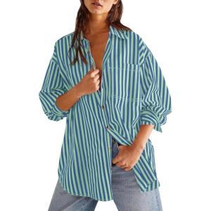 imageCicy Bell Womens Oversized Striped Button Down Shirts Boyfriend Long Sleeve Collared Work BlousesBlue Green