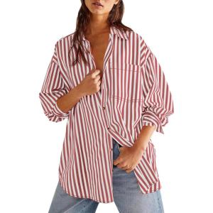 imageCicy Bell Womens Oversized Striped Button Down Shirts Boyfriend Long Sleeve Collared Work BlousesRed