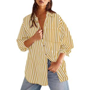 imageCicy Bell Womens Oversized Striped Button Down Shirts Boyfriend Long Sleeve Collared Work BlousesYellow