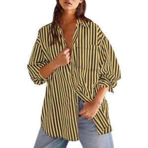 imageCicy Bell Womens Oversized Striped Button Down Shirts Boyfriend Long Sleeve Collared Work BlousesYellow Black