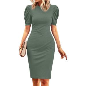 imageCicy Bell Womens Puff Sleeve Bodycon Work Dresses Crew Neck Business Casual Office Pencil DressArmy Green