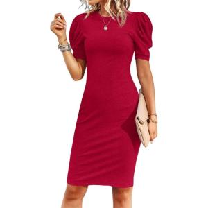 imageCicy Bell Womens Puff Sleeve Bodycon Work Dresses Crew Neck Business Casual Office Pencil DressRed