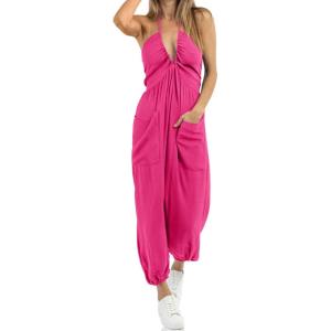 imageCicy Bell Womens Sexy Halter Jumpsuits Casual Deep V Nevk Beach Jogger Long Pants RompersRose Red