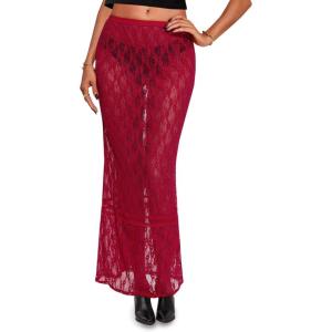 imageCicy Bell Womens Sheer Lace Maxi Skirt Summer Beach Coverups Casual Streetwear Long Y2K SkirtsRed