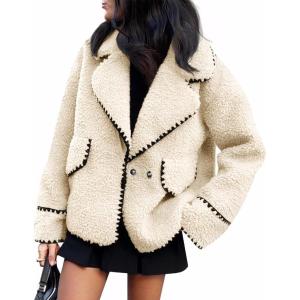 imageCicy Bell Womens Sherpa Fleece Jacket Casual Collar V Neck Fuzzy Coats Contrast Trims Open Front Winter OutwearBeige