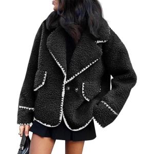 imageCicy Bell Womens Sherpa Fleece Jacket Casual Collar V Neck Fuzzy Coats Contrast Trims Open Front Winter OutwearBlack