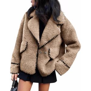 imageCicy Bell Womens Sherpa Fleece Jacket Casual Collar V Neck Fuzzy Coats Contrast Trims Open Front Winter OutwearKhaki