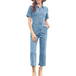 imageCicy Bell Womens Short Sleeve Denim Jumpsuits Elastic Waist Cropped Capri Jeans RompersLight Blue