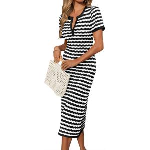 imageCicy Bell Womens Short Sleeve Midi Dress Crochet Knit Hollow Out Striped Rickrack Summer Sweater DressesBlack
